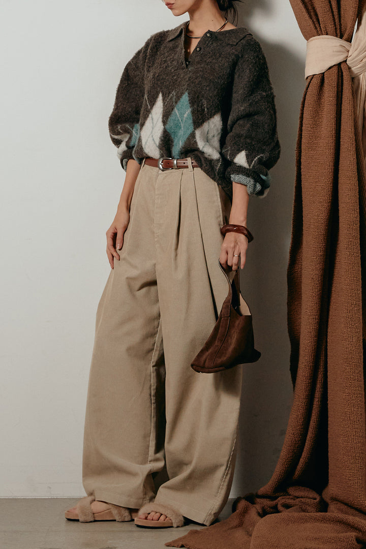 [SET]アーガイル柄ポロニットトップス+フロントタック入りコーデュロイパンツ(2set)