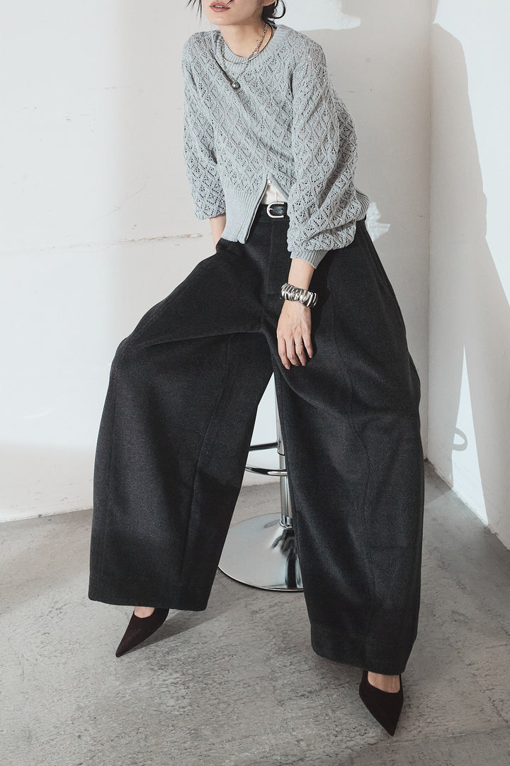 [SET]透かし編みニットジップスリットプルオーバー+ウールタッチカーブワイドパンツ(2set)