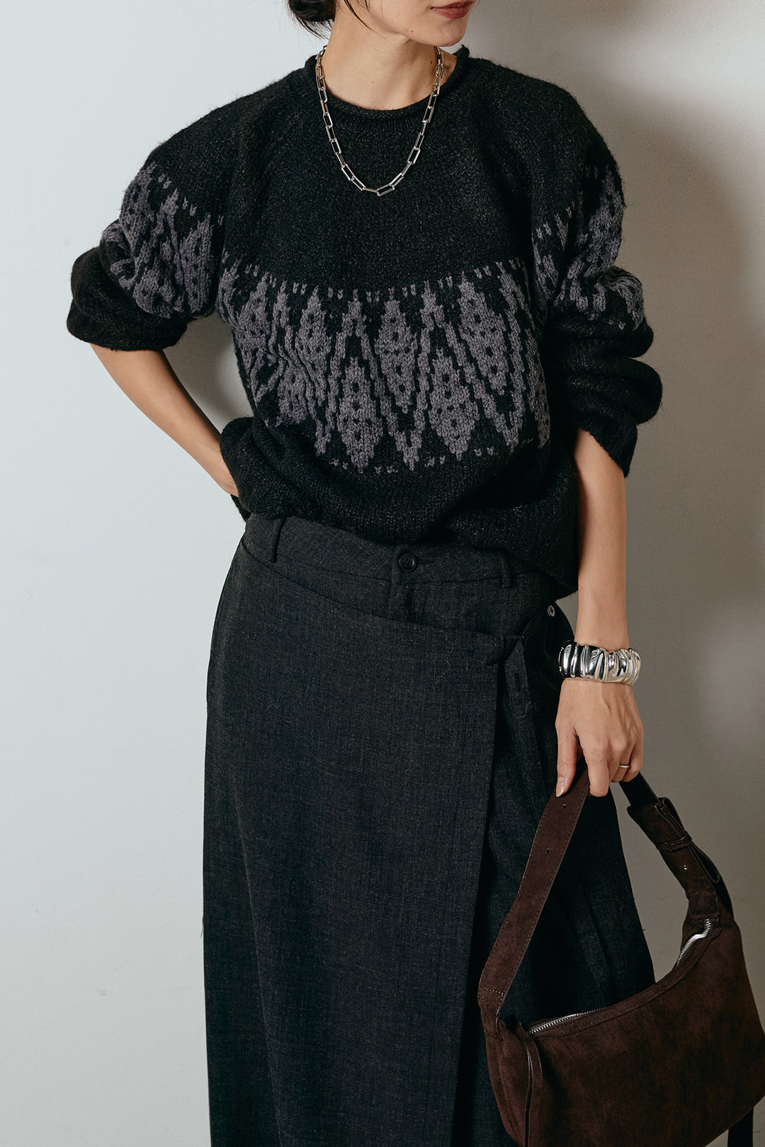 [SET]モノトーン柄ニットトップス+ラップ巻きワイドスラックス(2set)