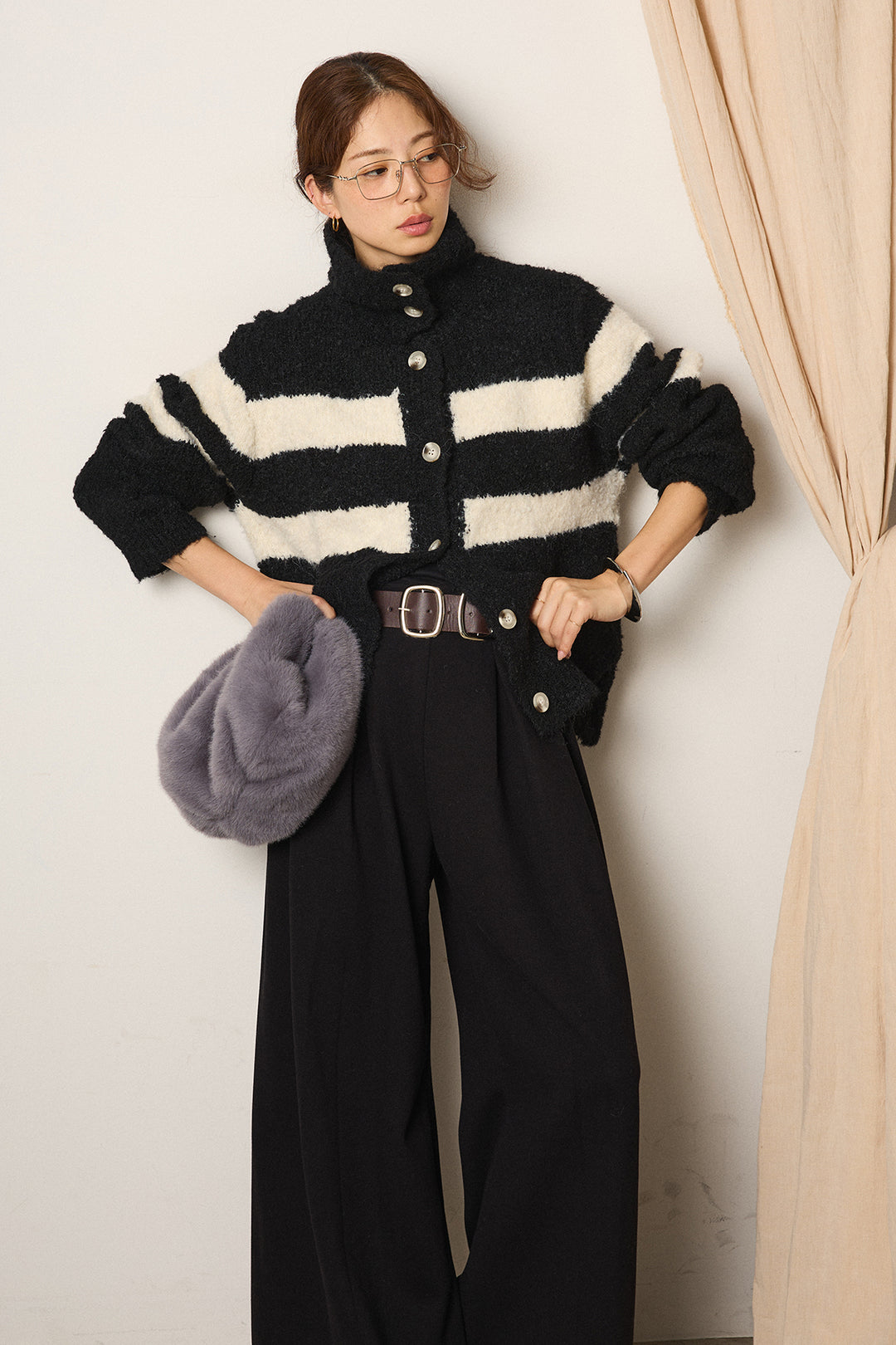 [SET]ハイネックボーダーニットカーディガン+フェイクレザー太ベルト付きタックワイドパンツ(2set)