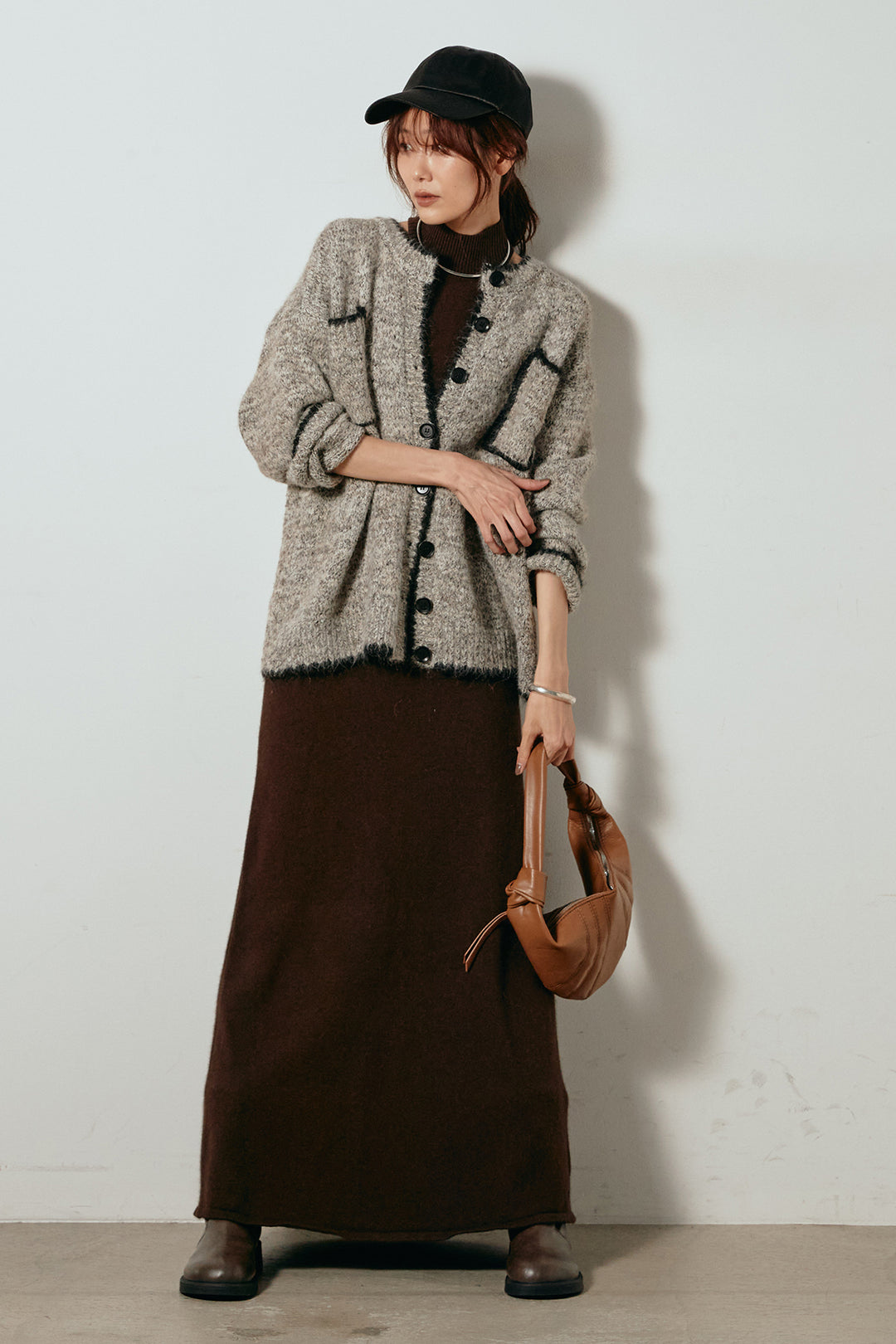 [SET]ミックスニットポケットカーディガン+ノースリーブニットロングワンピース(2set)