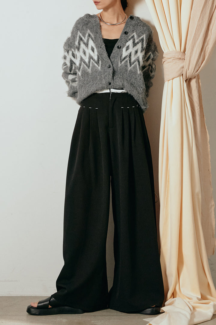 [SET]起毛ノルディック柄ニットカーディガン+ウエストステッチデザインワイドスラックス(2set)