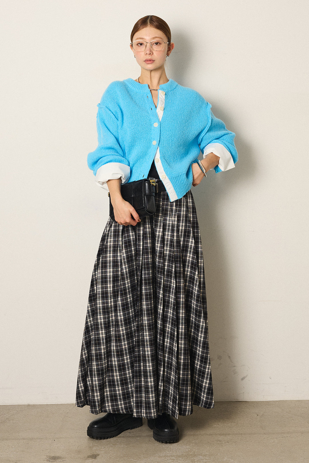 [SET]シャツドッキングニットカーディガン+ベルト付きタータンチェックプリーツスカート(2set)