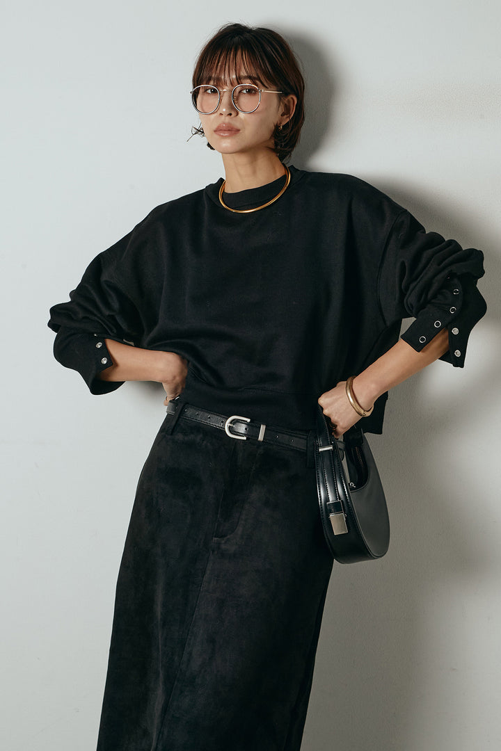 [SET]裏毛バックオープンプルオーバー+エコスウェードワイドスカート+ストレッチレースクルーネックインナー(3set)