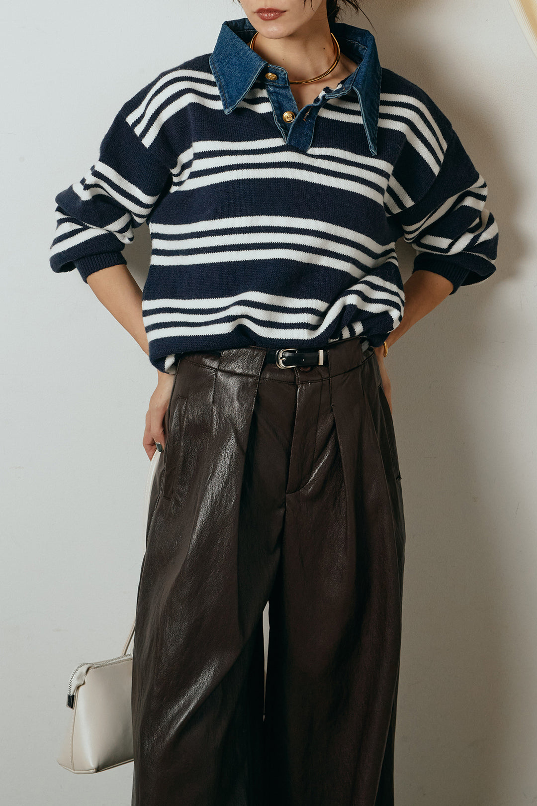 [SET]デニムレイヤード風ランダムボーダーニットプルオーバー+ベルト付きレザーライクタックパンツ(2set)