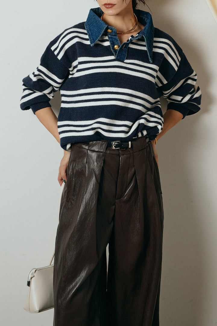 [SET]デニムレイヤード風ランダムボーダーニットプルオーバー+ベルト付きレザーライクタックパンツ(2set)