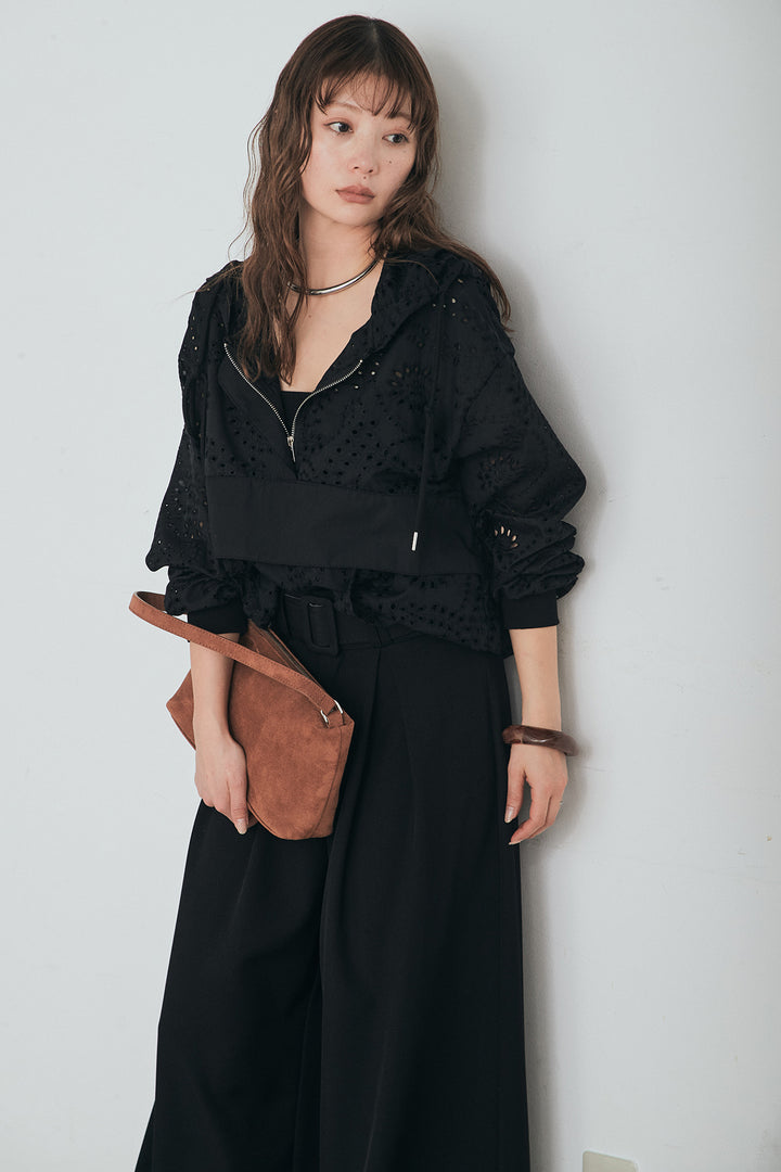 [SET]レースハーフジップアップフーディー+ベルト付きツータックワイドパンツ(2set)