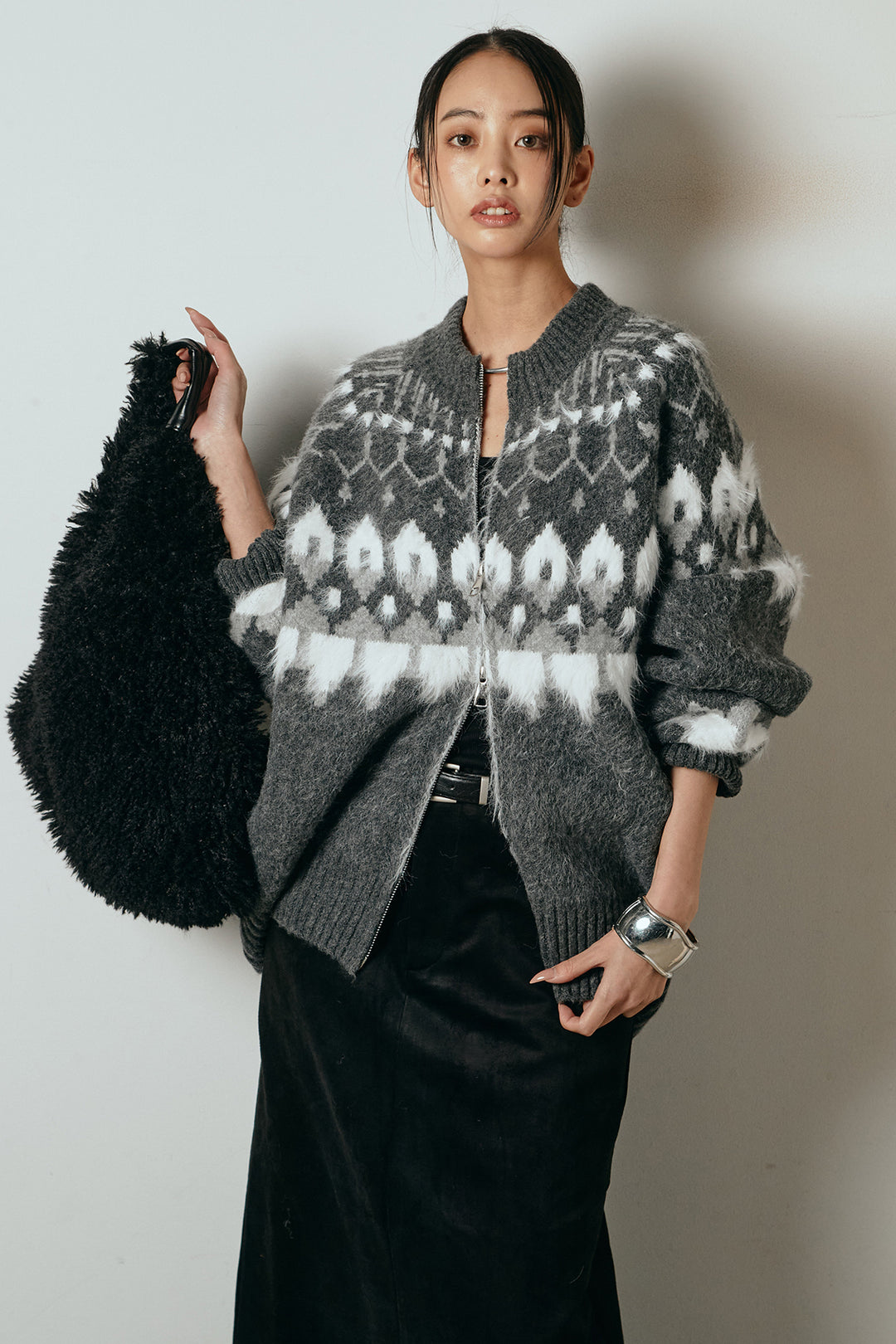 [SET]起毛ダブルジップパターンニットカーディガン+エコスウェードワイドスカート(2set)