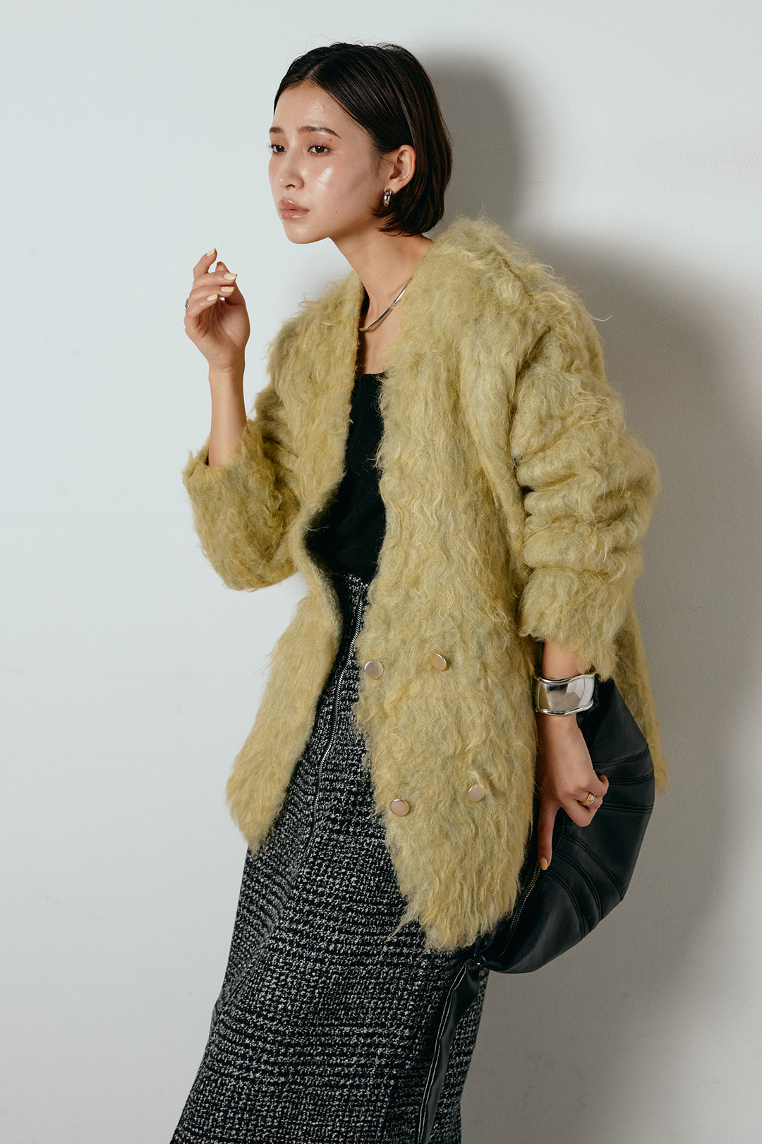 [SET]ウェーブシャギーニットジャケット+グレンチェック柄フロントジップタイトスカート(2set)