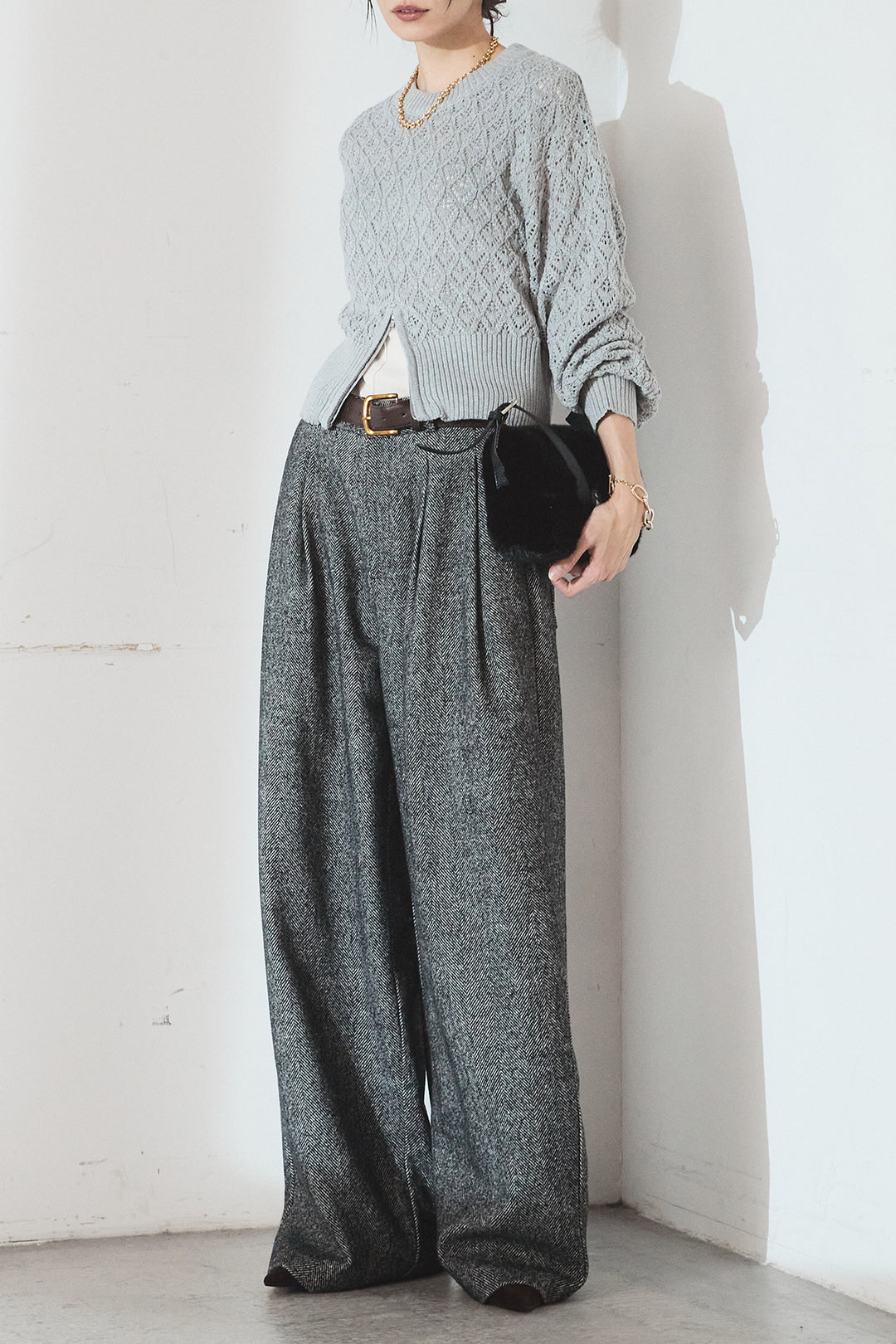 [SET]透かし編みニットジップスリットプルオーバー+タックツイードワイドパンツ(2set)