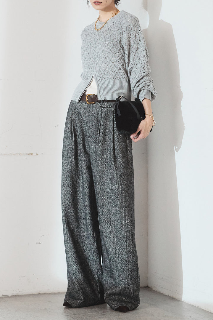 [SET]透かし編みニットジップスリットプルオーバー+タックツイードワイドパンツ(2set)