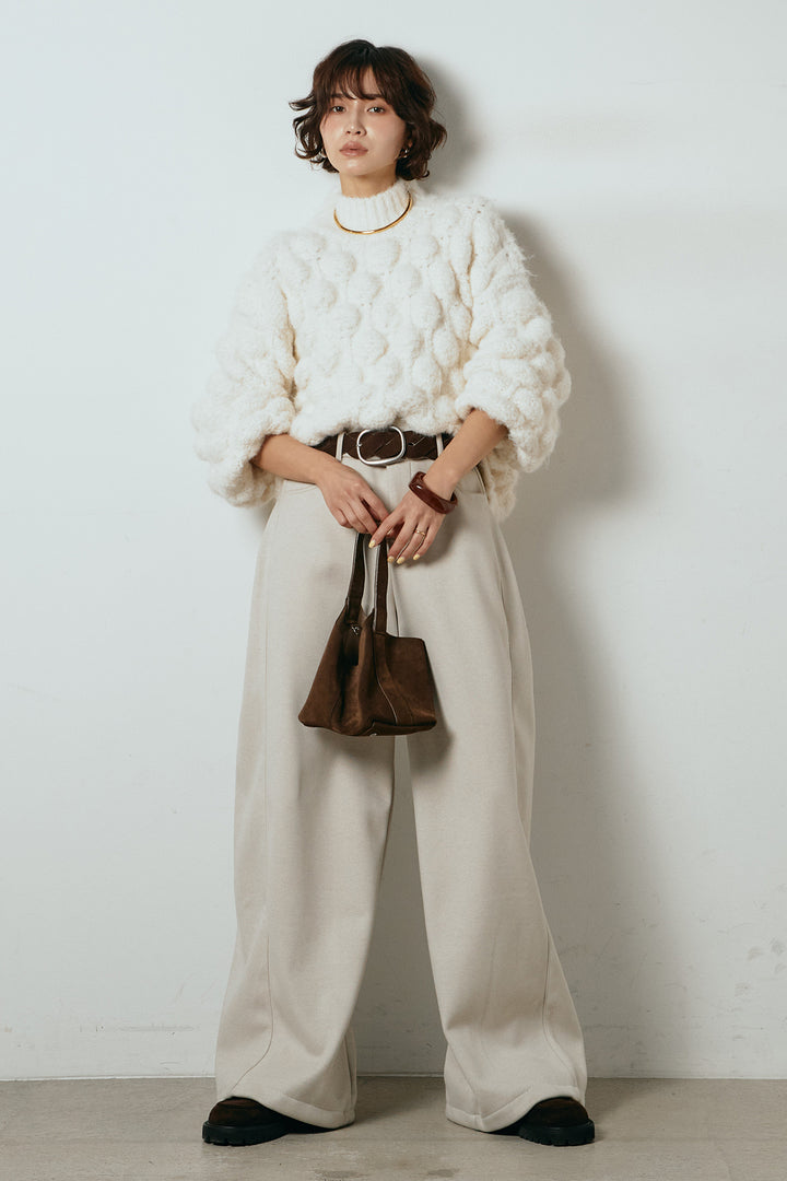 [SET]ボリュームポップコーンニットトップス+編みベルト付きワイドパンツ(2set)