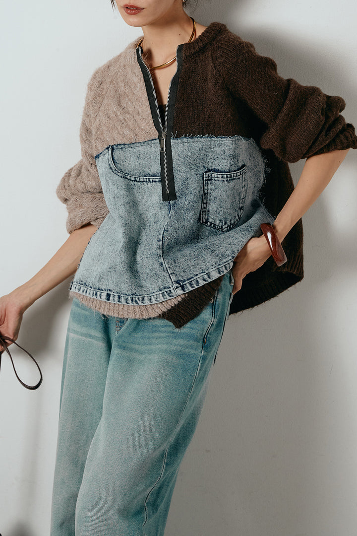 [SET]ハーフジップニットデニムドッキングトップス+ウエストダブルボタンワイドデニムパンツ(2set)