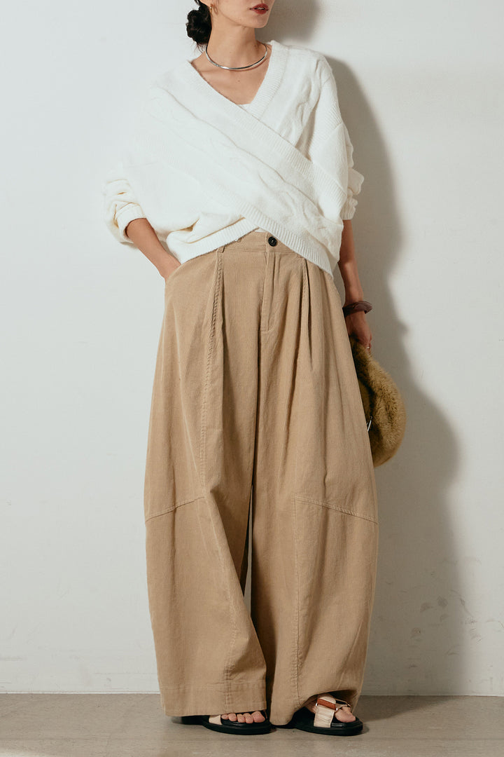 [SET]ケーブルカシュクールニットトップス+タック入りコーデュロイワイドパンツ(2set)