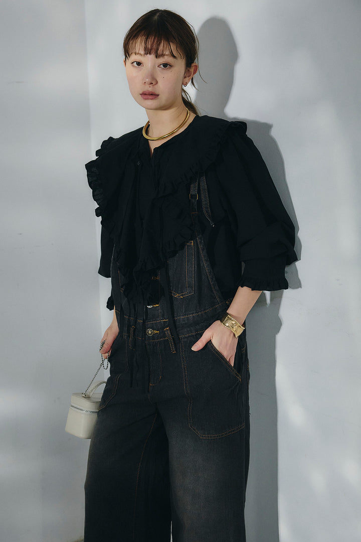 [SET]コットンフリルブラウス+デニムサロペットワイドパンツ(2set)