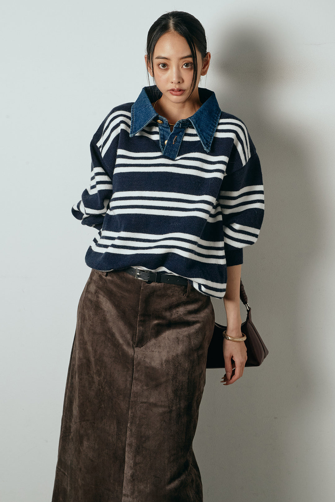 [SET]デニムレイヤード風ランダムボーダーニットプルオーバー+エコスウェードワイドスカート(2set)