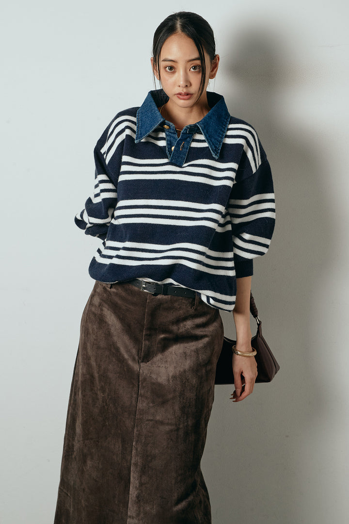 [SET]デニムレイヤード風ランダムボーダーニットプルオーバー+エコスウェードワイドスカート(2set)