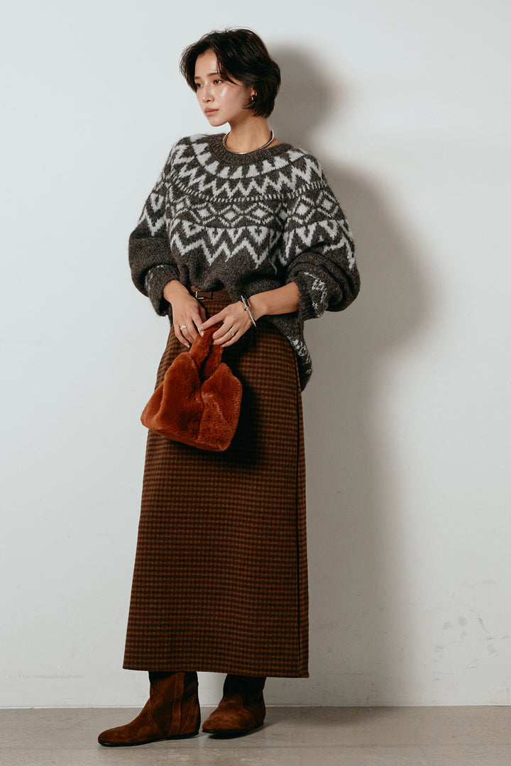 [SET]ノルディック柄Uネックプルオーバー+スエード調ベルト付きチェックナロースカート(2set)