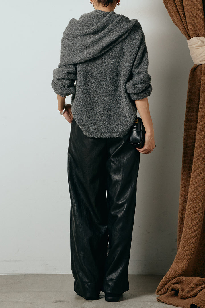 [SET]ネック巻きデザインニットトップス+ベルト付きレザーライクタックパンツ(2set)