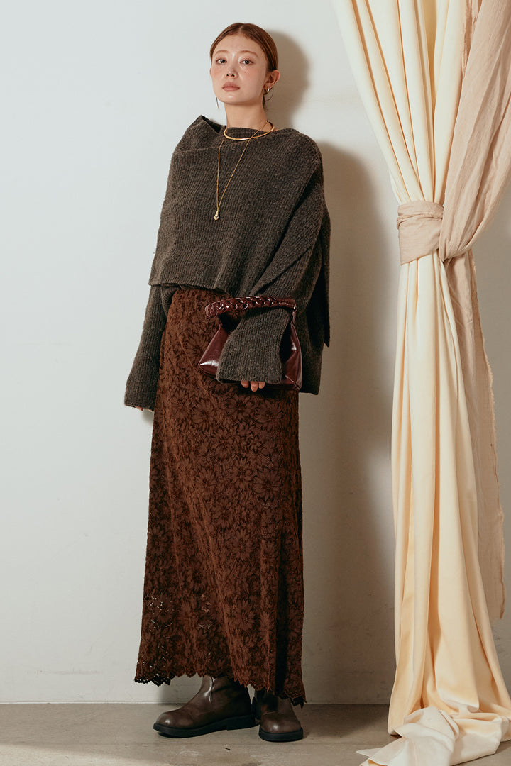 [SET]ケープデザインリブニットトップス+花柄刺繍ベロアフレアスカート(2set)