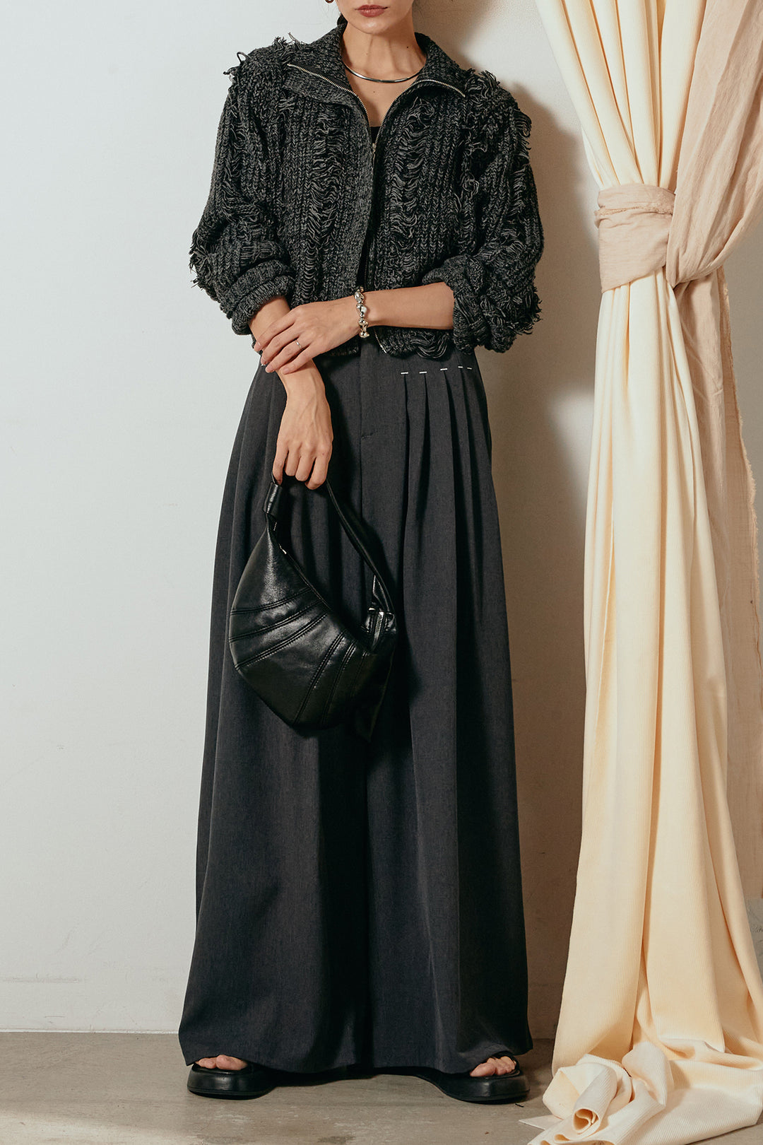 [SET]ハイネックフリンジジップニットトップス+ウエストステッチデザインワイドスラックス(2set)