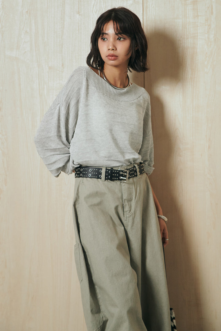 [SET]麻混リラックスニットトップス+ベルト付きカラーデニムパンツ(2set)