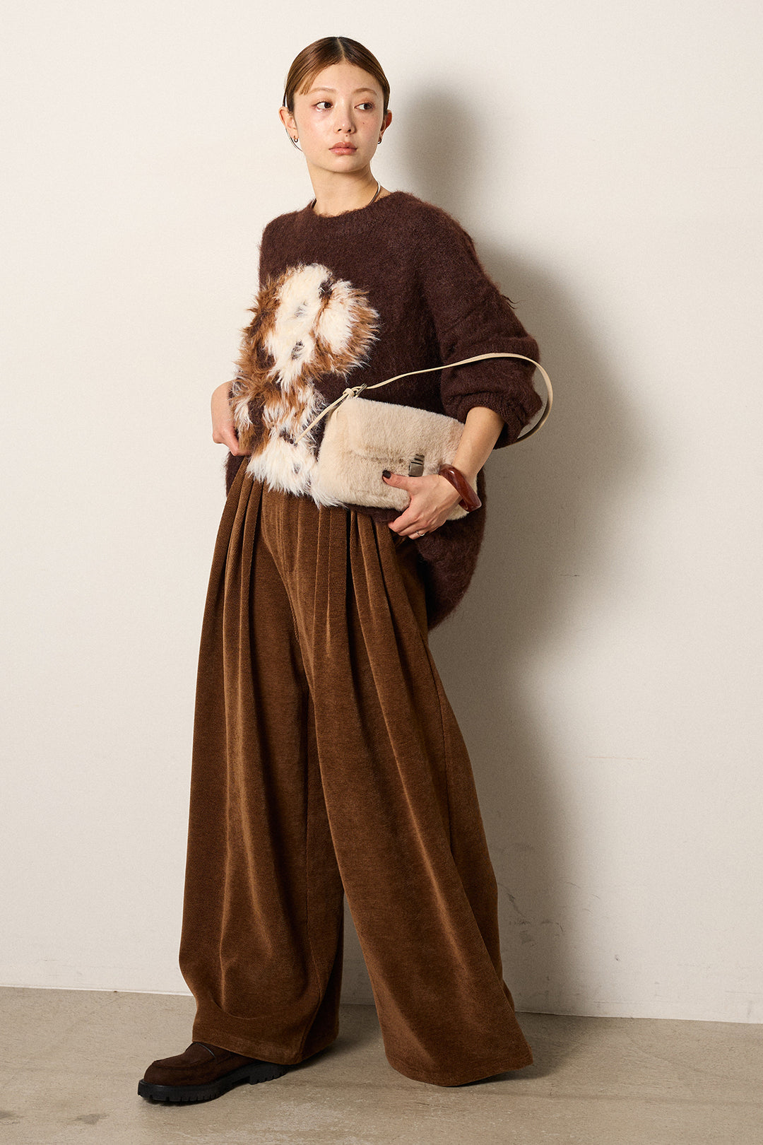 [SET]シャギーニュアンスアニマルニット+ベルトループコーデュロイワイドパンツ(2set)