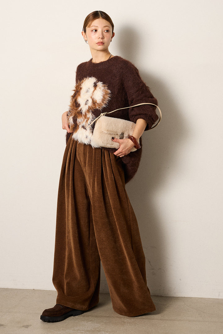 [SET]シャギーニュアンスアニマルニット+ベルトループコーデュロイワイドパンツ(2set)