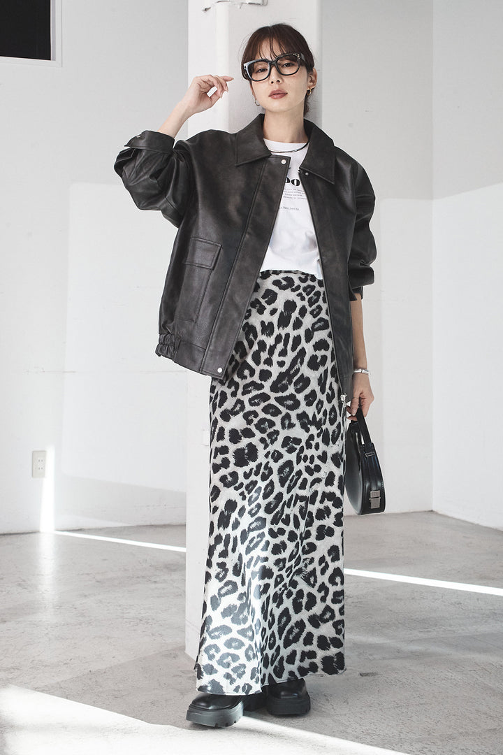 [SET]レザーライクオーバーサイズブルゾン+レオパードサテンナロースカート(2set)