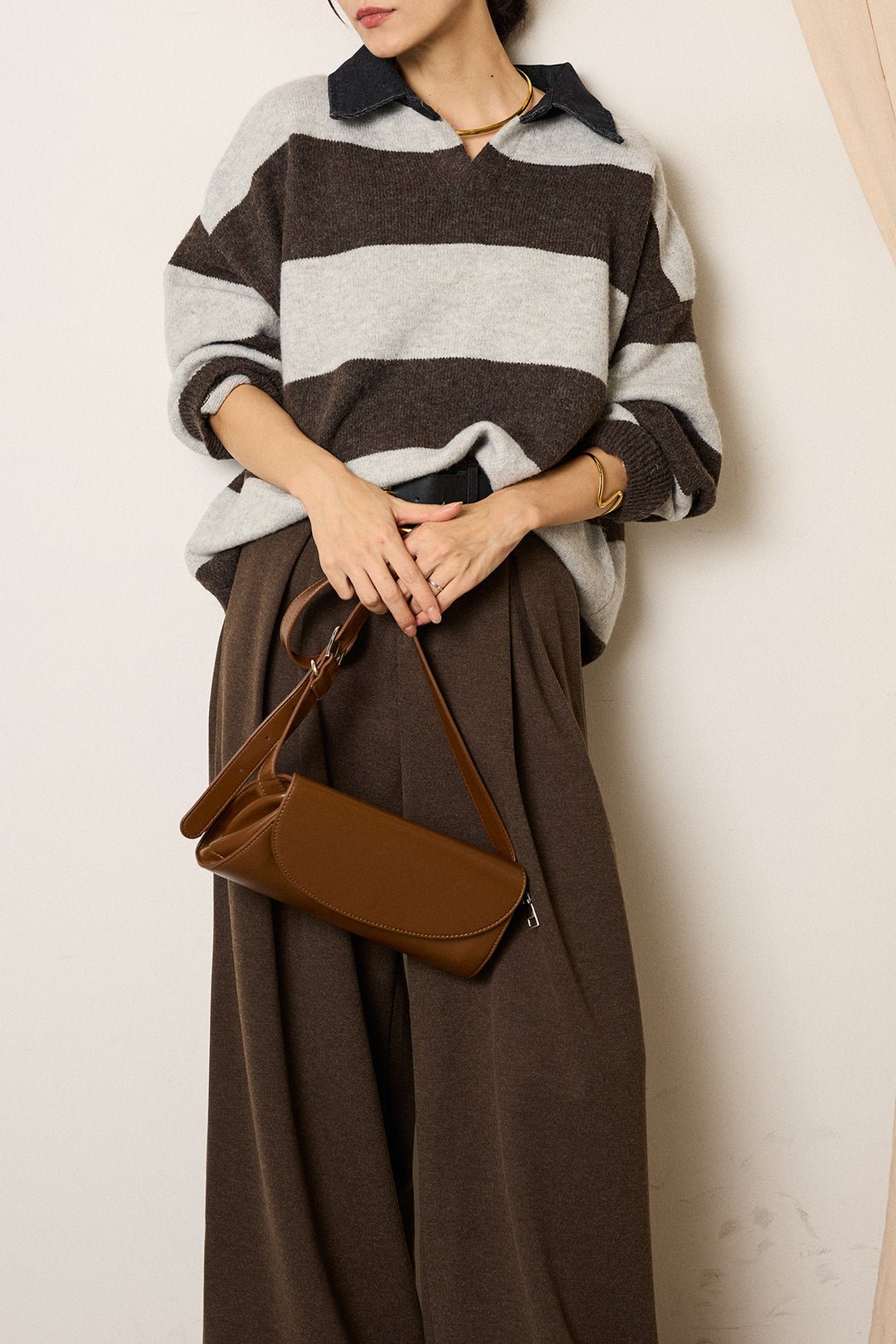 [SET]デニムカラーボーダールーズニット+ゴールドバックル太ベルト付きワイドパンツ(2set)