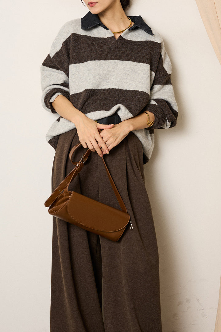 [SET]デニムカラーボーダールーズニット+ゴールドバックル太ベルト付きワイドパンツ(2set)