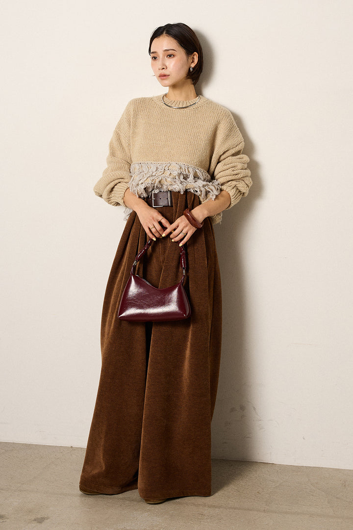 [SET]ループ編み切り替えニットプルオーバー+ベルトループコーデュロイワイドパンツ(2set)