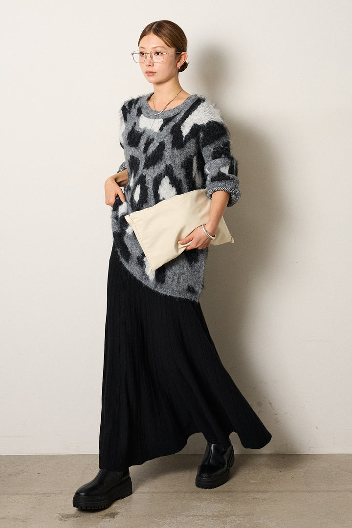[SET]ルーズアニマルモヘアニットトップス+編み地切り替えフレアニットスカート(2set)