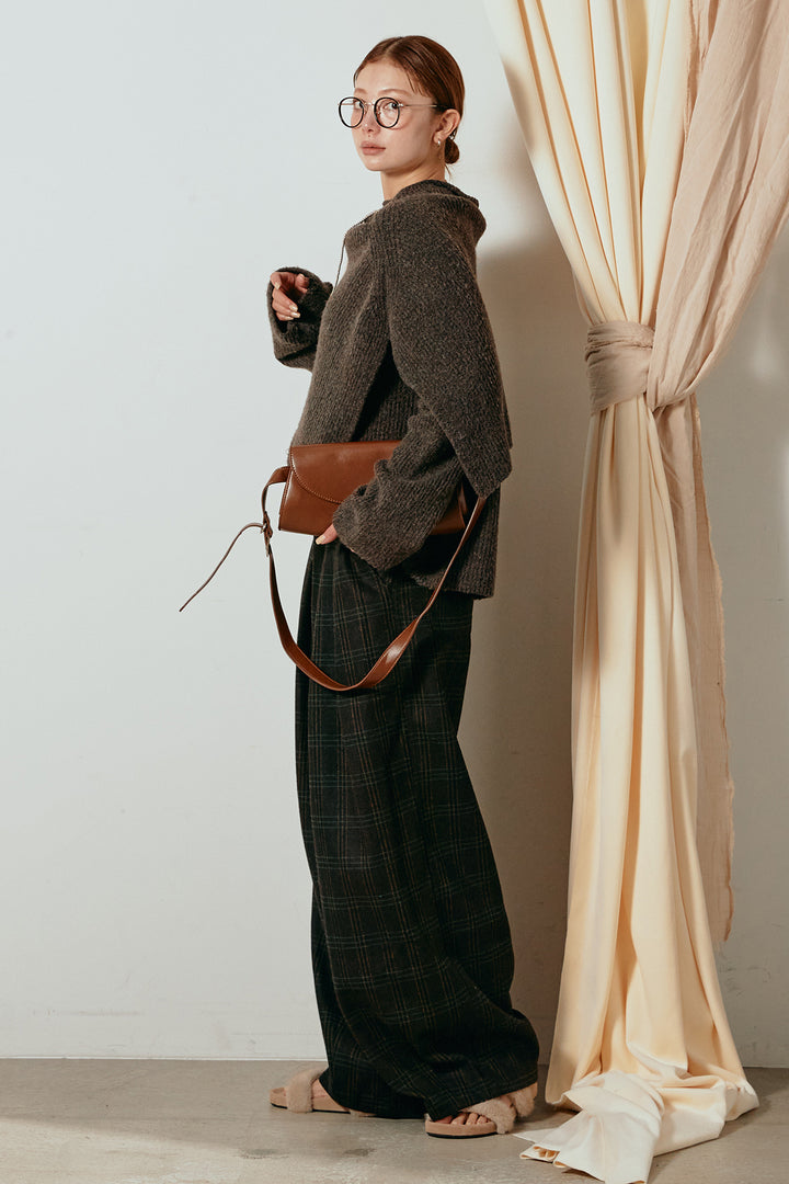 [SET]ケープデザインリブニットトップス+タータンチェック柄タックパンツ(2set)