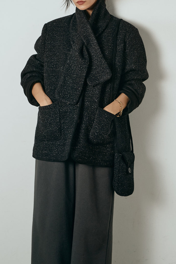 [SET]ノーカラーマフラーバッグ付きアウター+裏起毛スウェットワイドパンツ(2set)