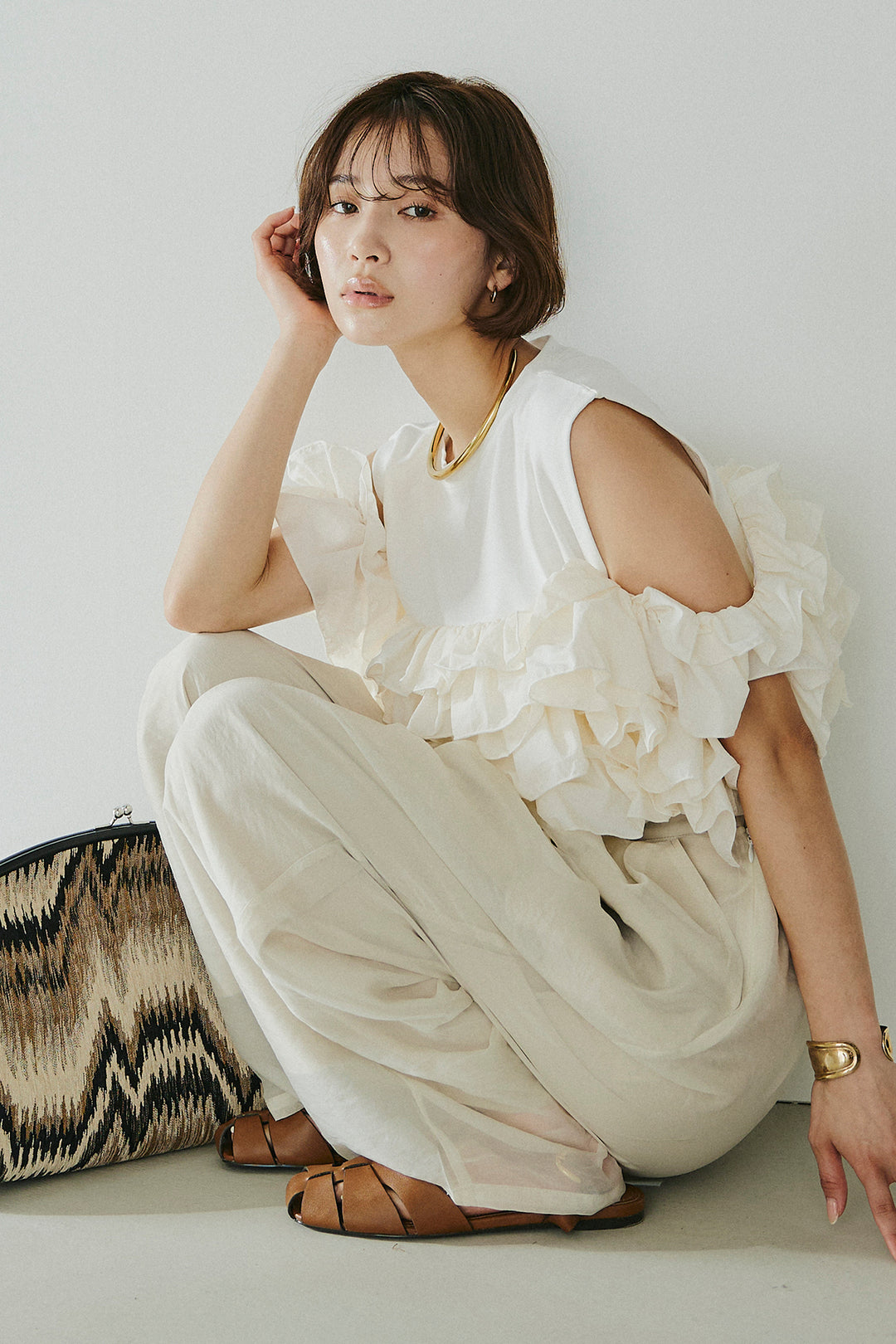 [SET]天竺ナイロンドッキングビスチェ風トップス+オーガンジータックパンツ(2set)