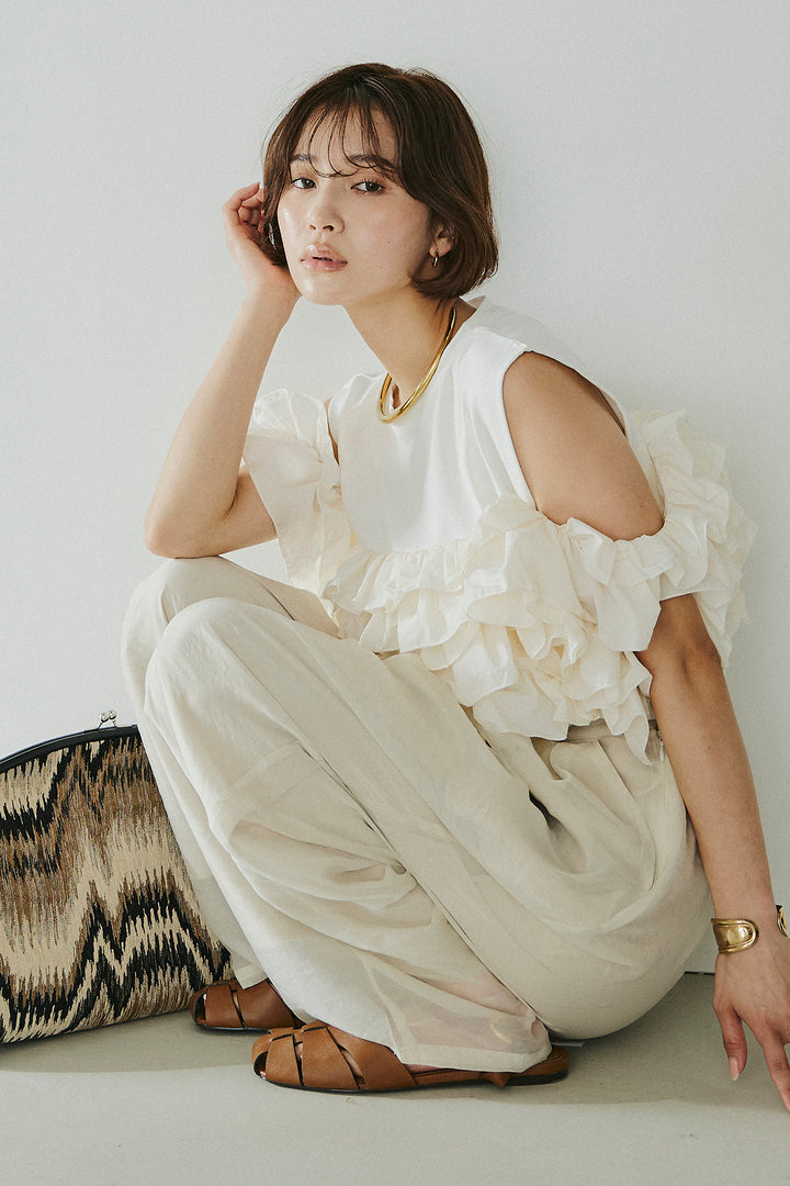 [SET]天竺ナイロンドッキングビスチェ風トップス+オーガンジータックパンツ(2set)