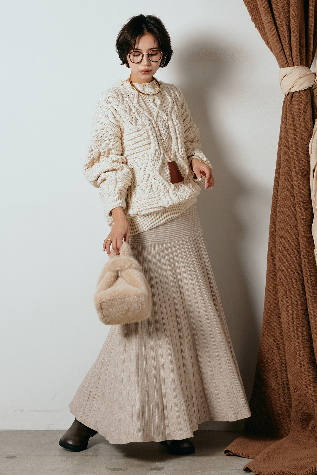 [SET]アラン柄ミックスケーブルニット+編み地切り替えフレアニットスカート(2set)