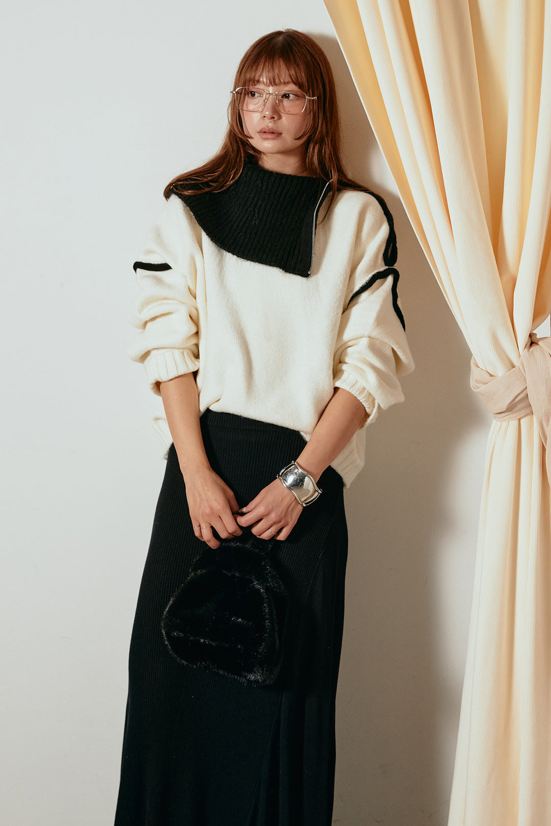 [SET]ハイネックジップデザインニットトップス+サイド切り替えリブニットロングスカート(2set)