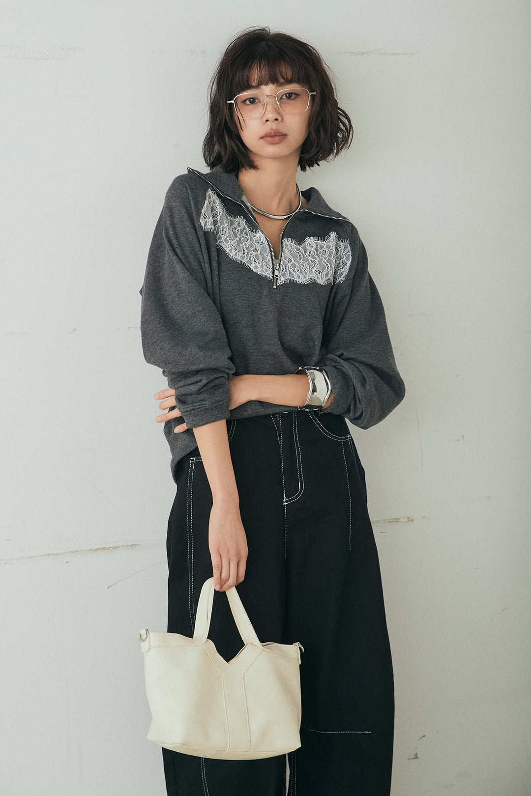 [SET]リバーレースハーフジップ裏毛スウェット+ツイル配色ステッチバレルパンツ(2set)