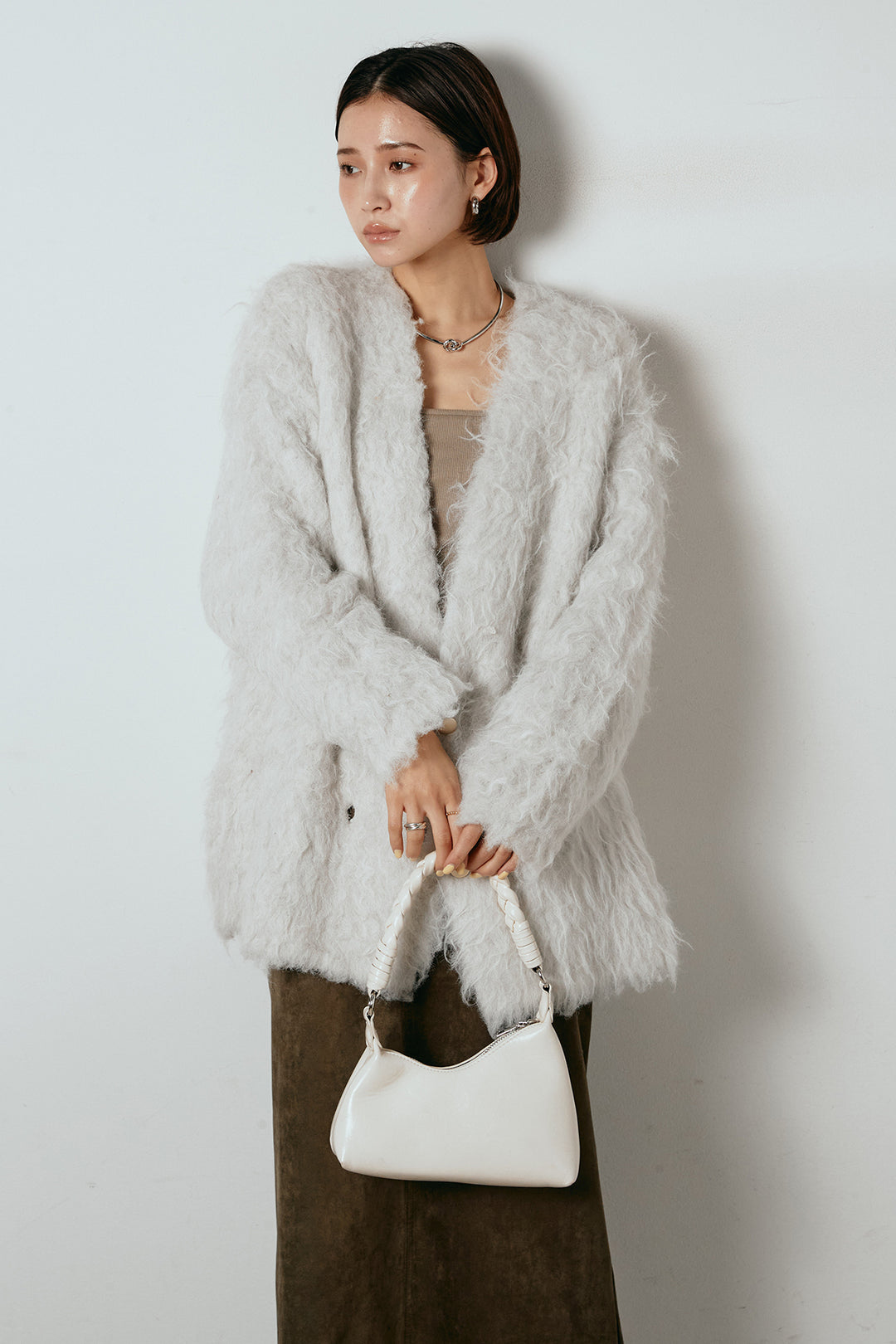 [SET]ウェーブシャギーニットジャケット+スウェードライク裾フリンジスカート(2set)