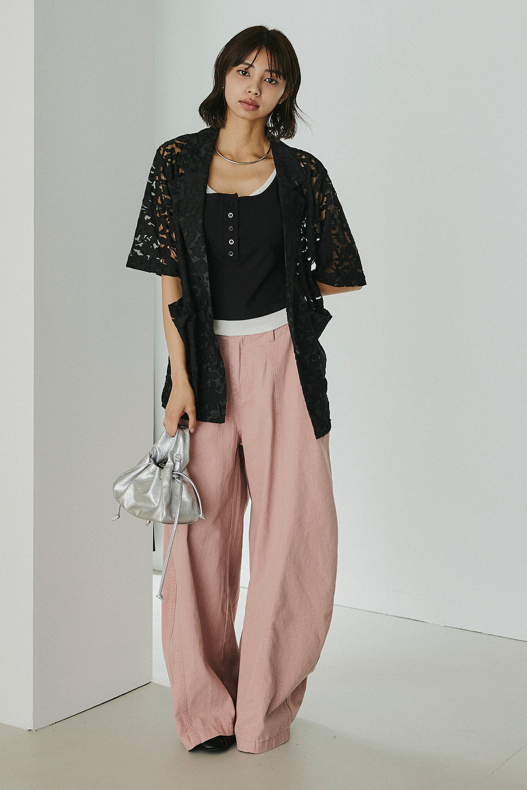 [SET]シアージャガードハーフスリーブテーラードジャケット+サイドベルトカーブワイドパンツ(2set)