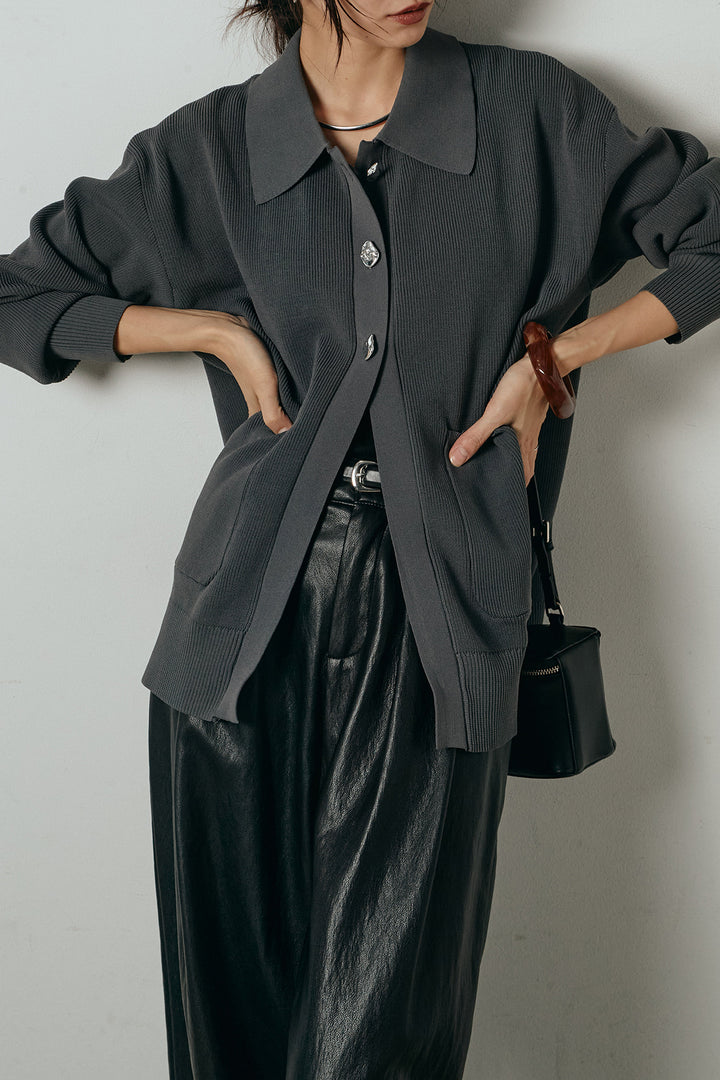 [SET]メタル釦衿付きニットカーディガン+ベルト付きレザーライクタックパンツ(2set)