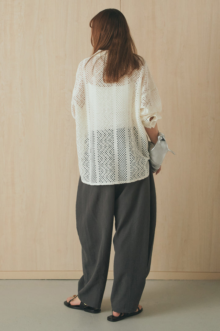 [SET]長袖襟付きレースシャツ+ポケットタックフォルムパンツ(2set)