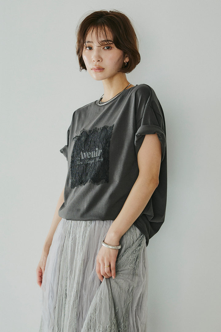 [SET]レースロゴ刺繍Tシャツ+レースコンビワッシャーギャザースカート(2set)