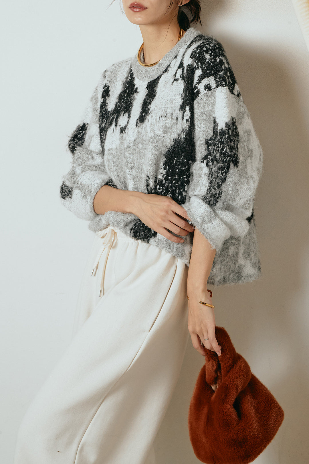 [SET]起毛ニュアンス柄ニットプルオーバー+裏起毛スウェットワイドパンツ(2set)
