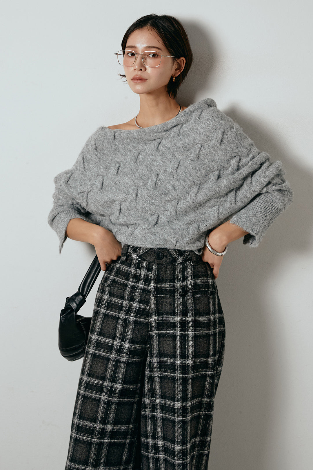 [SET]ボートネックニットトップス+ルーズタータンチェックワイドパンツ(2set)