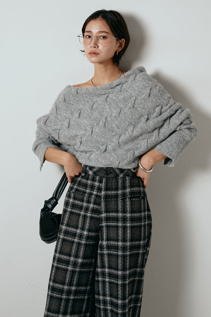 [SET]ボートネックニットトップス+ルーズタータンチェックワイドパンツ(2set)