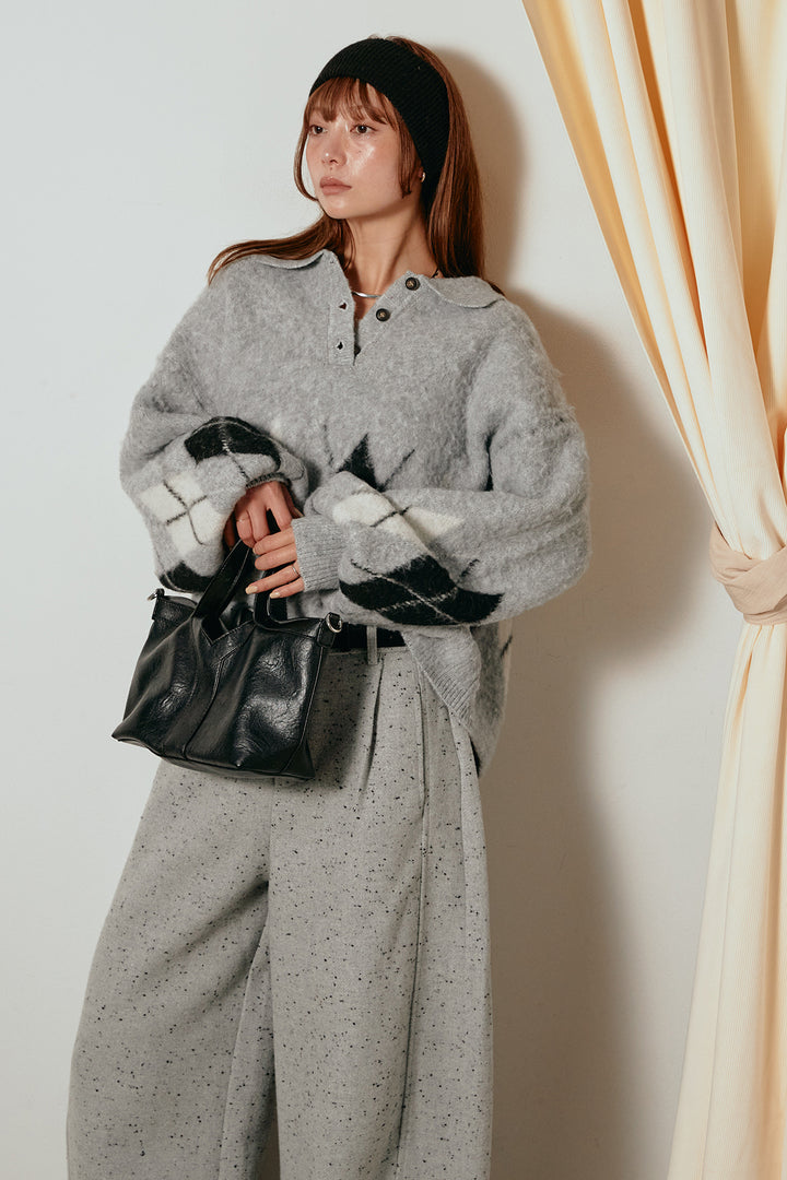 [SET]アーガイル柄ポロニットトップス+ベルト付きネップツイードカーブパンツ(2set)