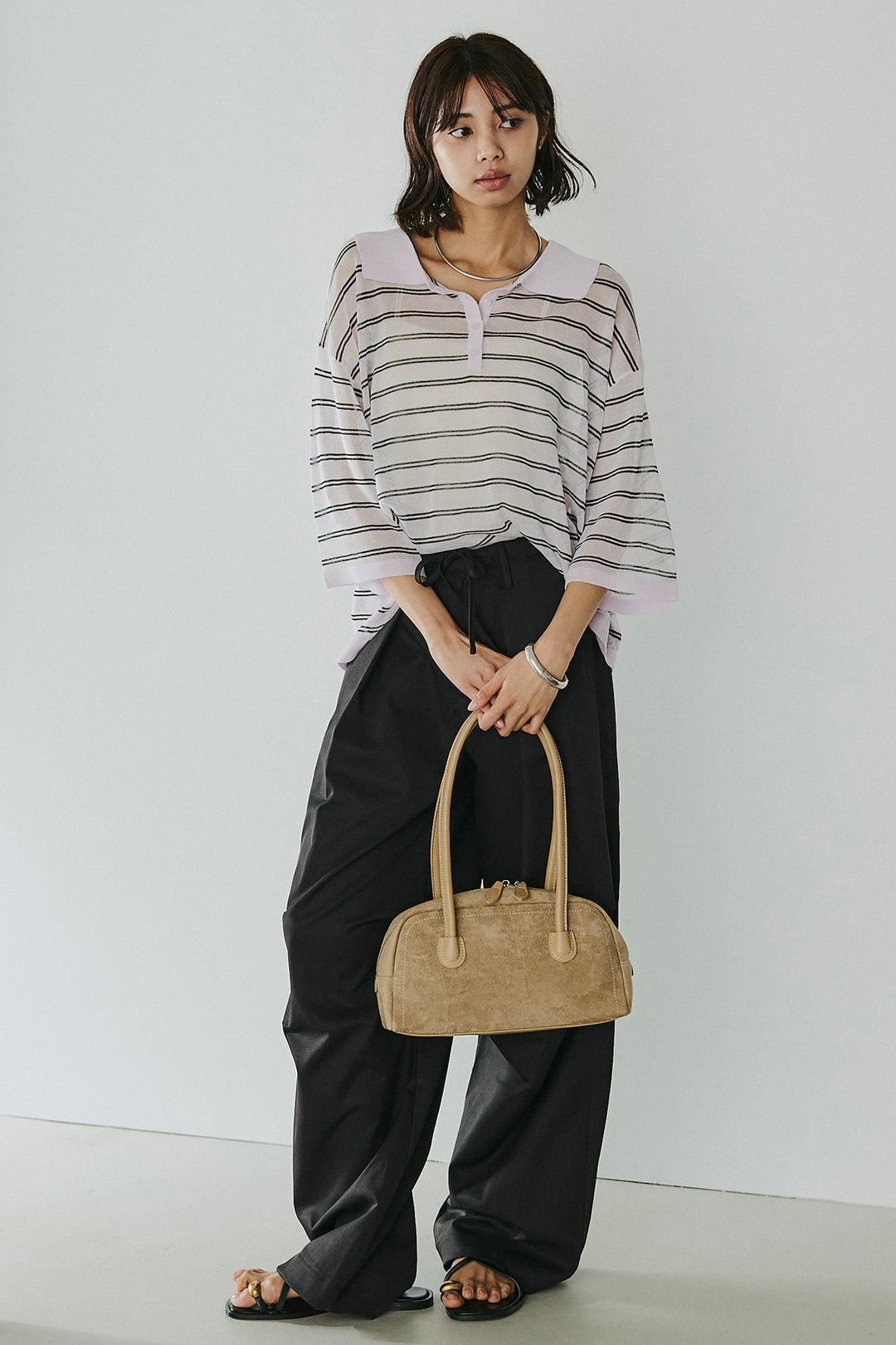 [SET]ボーダーニットポロシャツ+ニーサイドタックウエストドロスパンツ(2set)